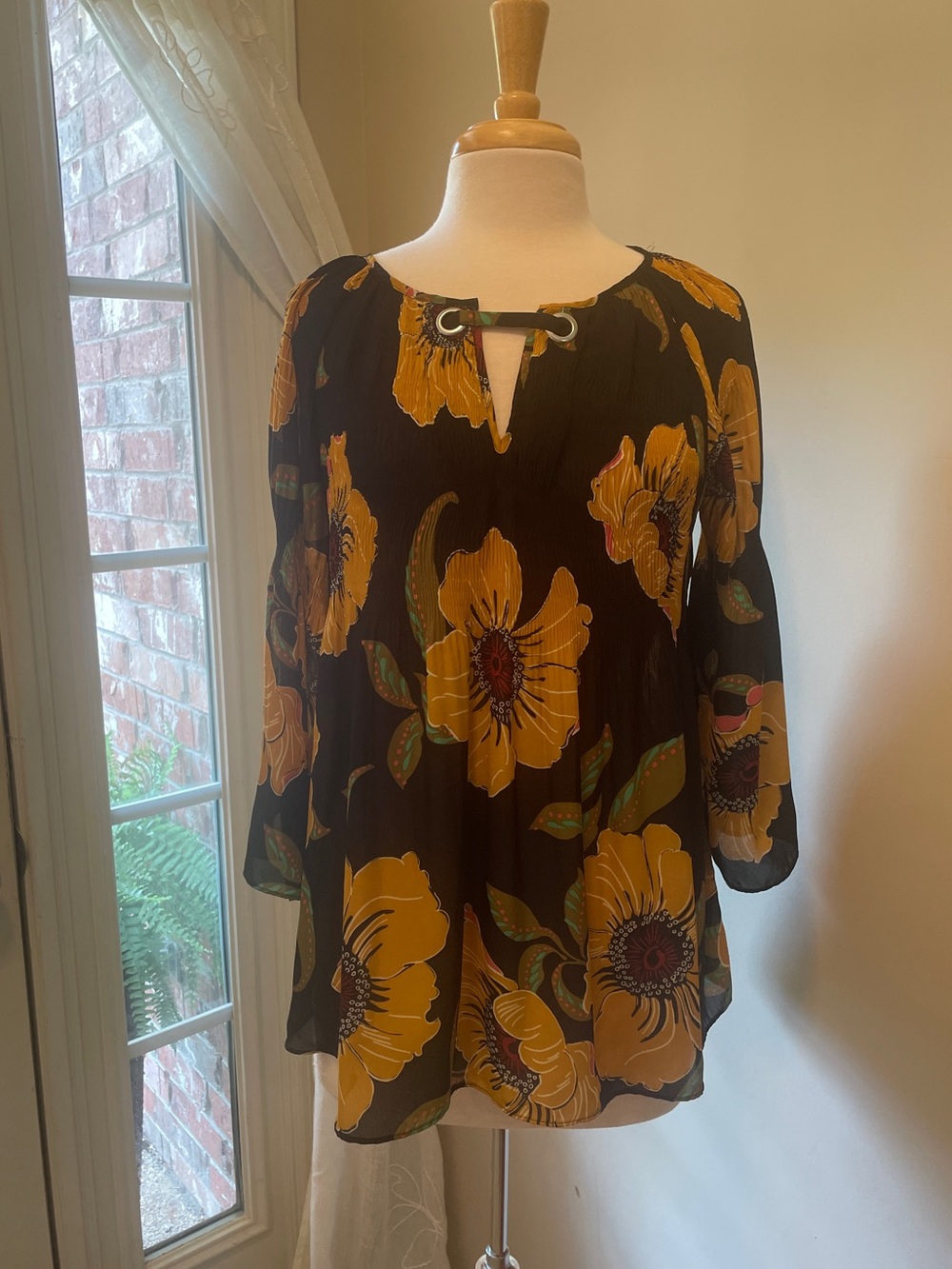 Spence Boho, Peasant Style Black Floral Tunic with Mustard Sunflowers. Size S/P